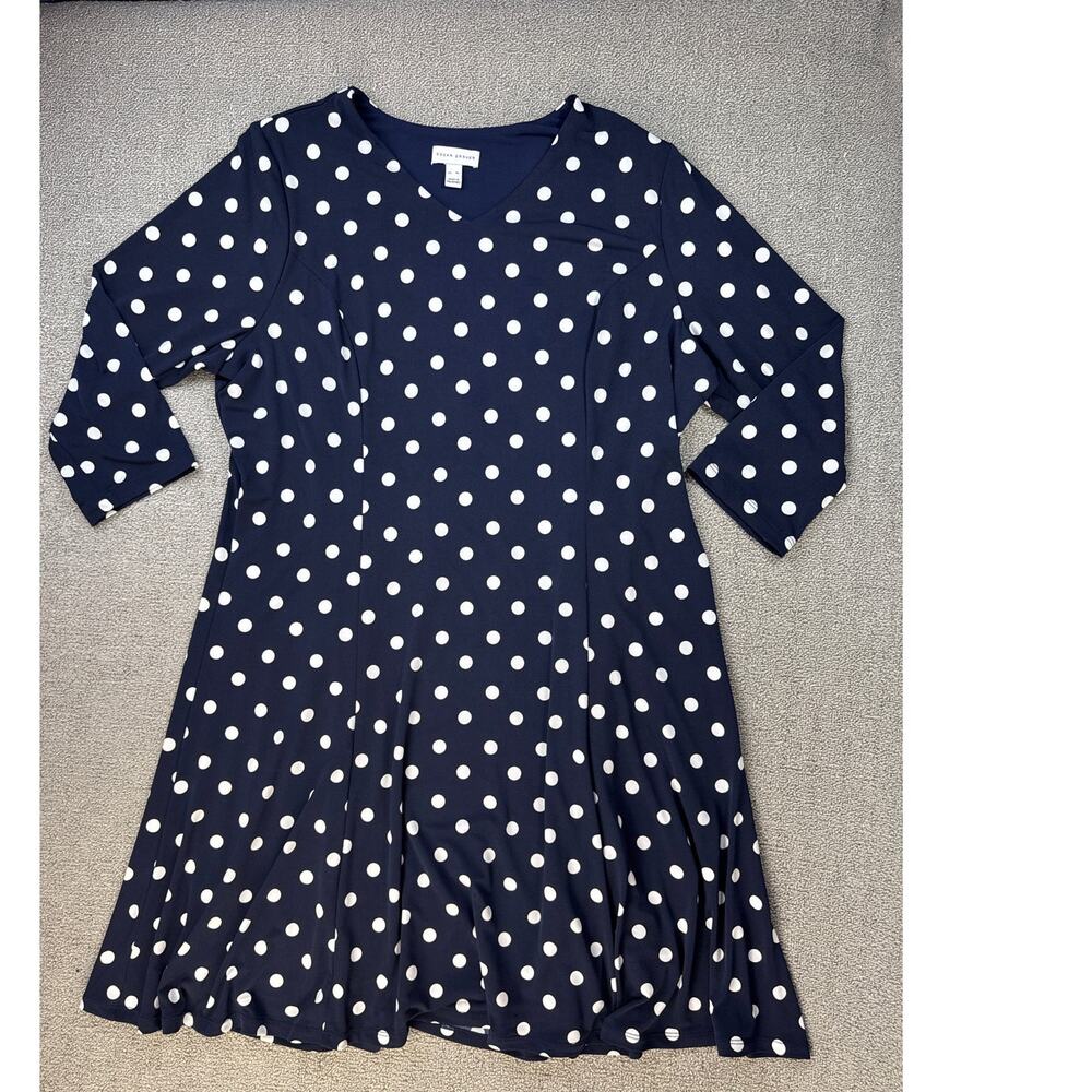 Susan Graver Dress Liquid Knit Mini‎ 3/4 Sleeve Polka Dot Navy White Size XL